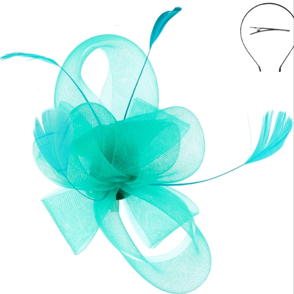 Fabulous Teal Ribbon Feather Fascinator Kentucky Derby Tea Brunch Church Wedding